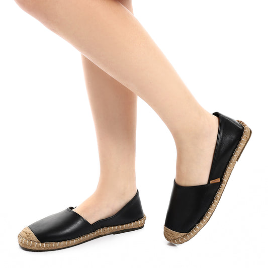 Trendy Genuine Leather Espadrilles With Straw Round Toe