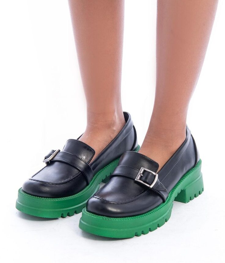 Faux Leather Wide Fit Loafers – Black & Green