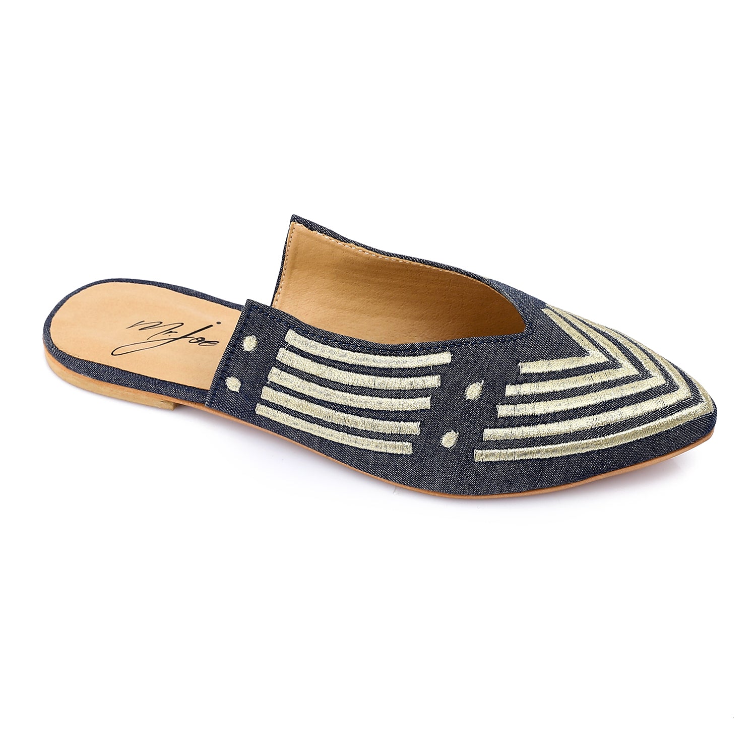 Canvas Embroidered Pointed-Toe Mules - Navy