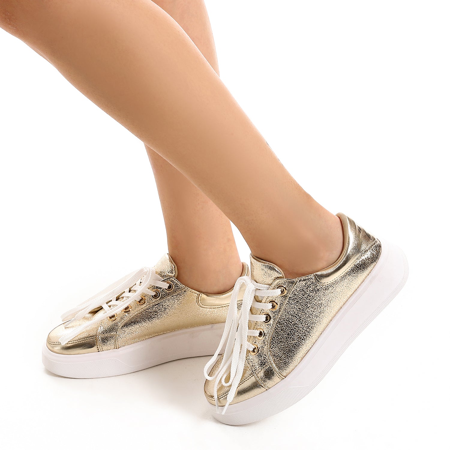 Faux Leather Lace-Up Sneakers – Gold