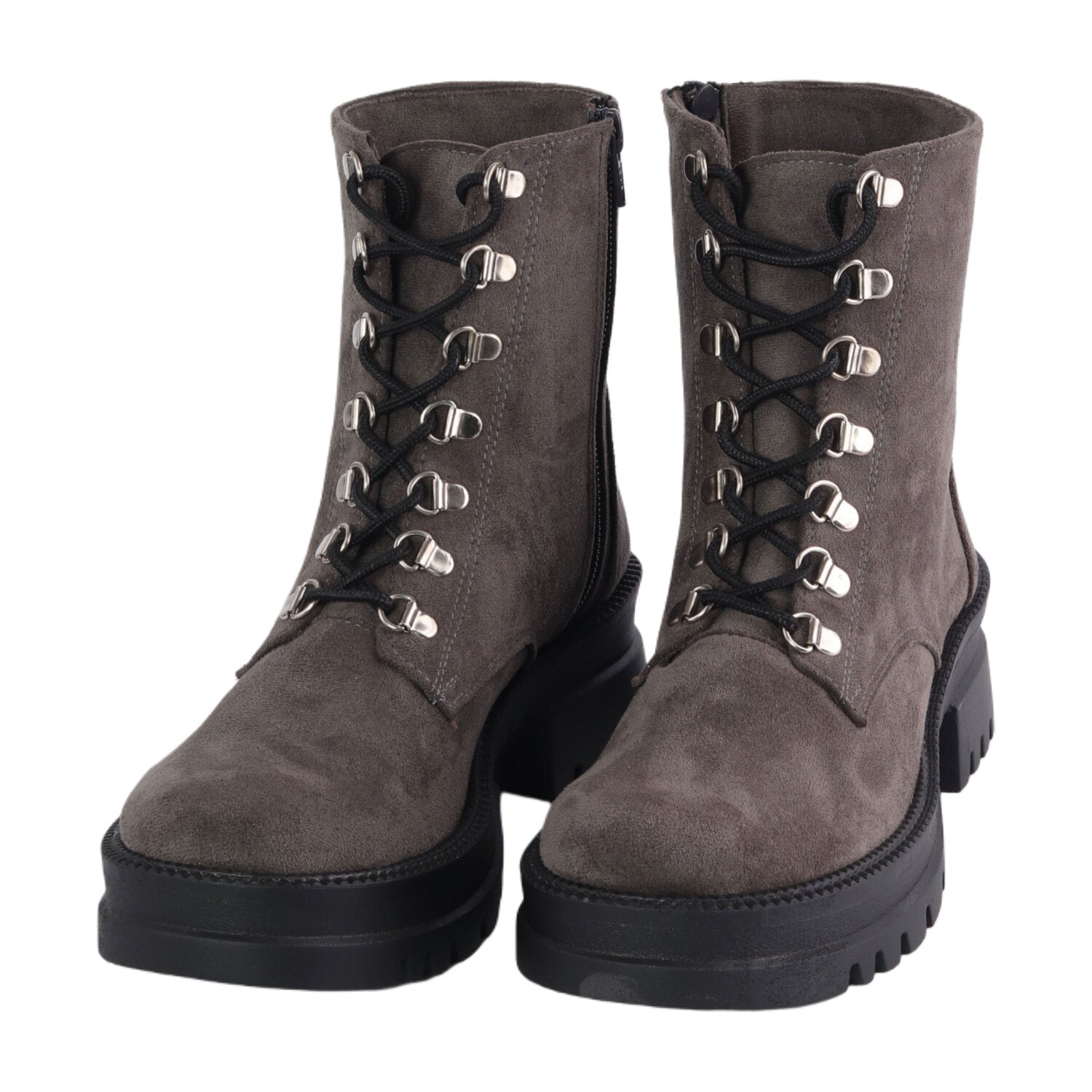 Suede Platform Combat Boots - Grey