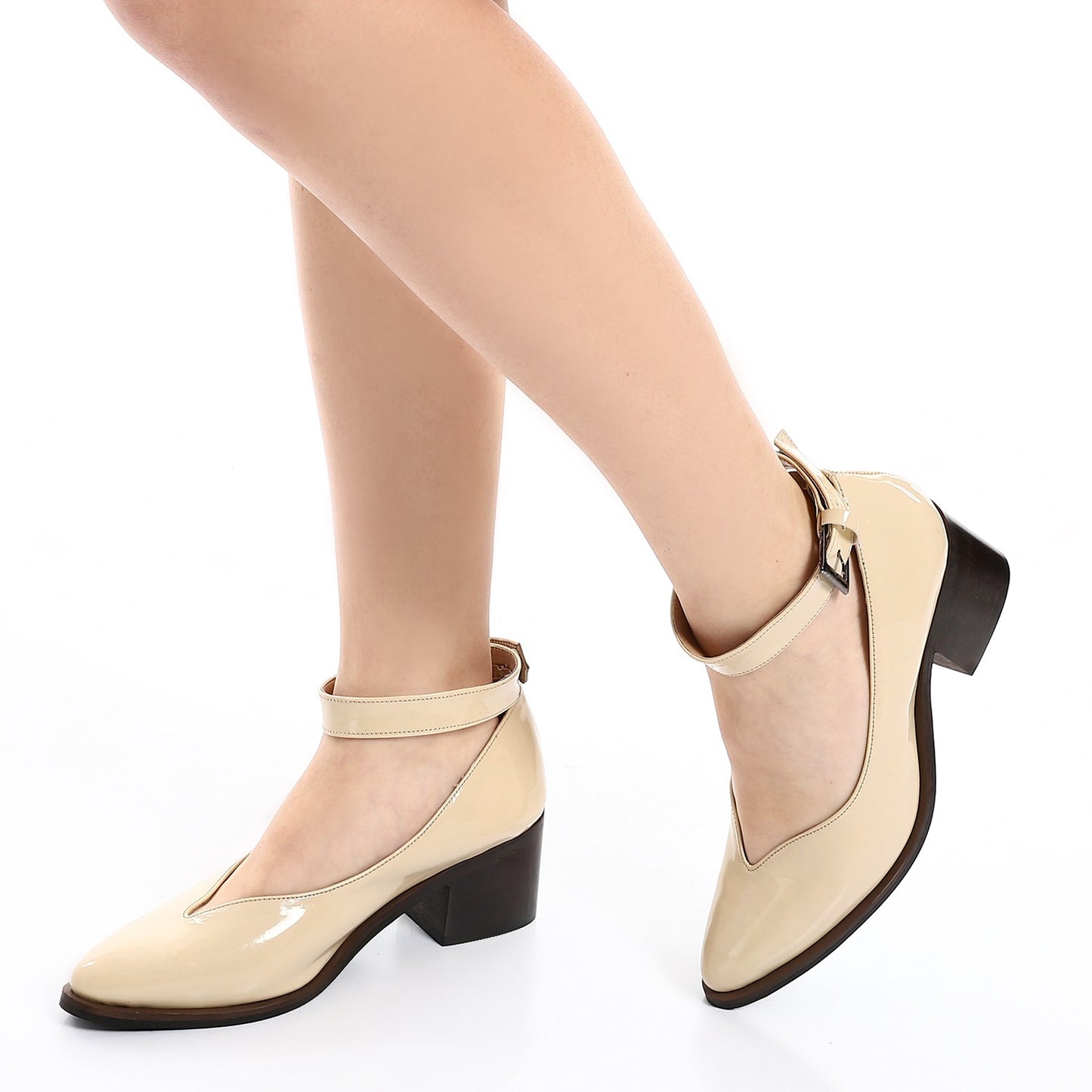 Oval Toe Cap Buckle Closure Mid Heels Pumps