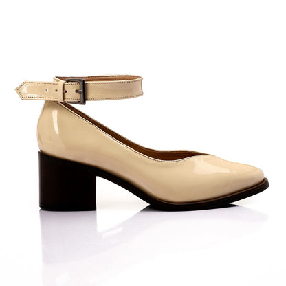 Oval Toe Cap Buckle Closure Mid Heels Pumps