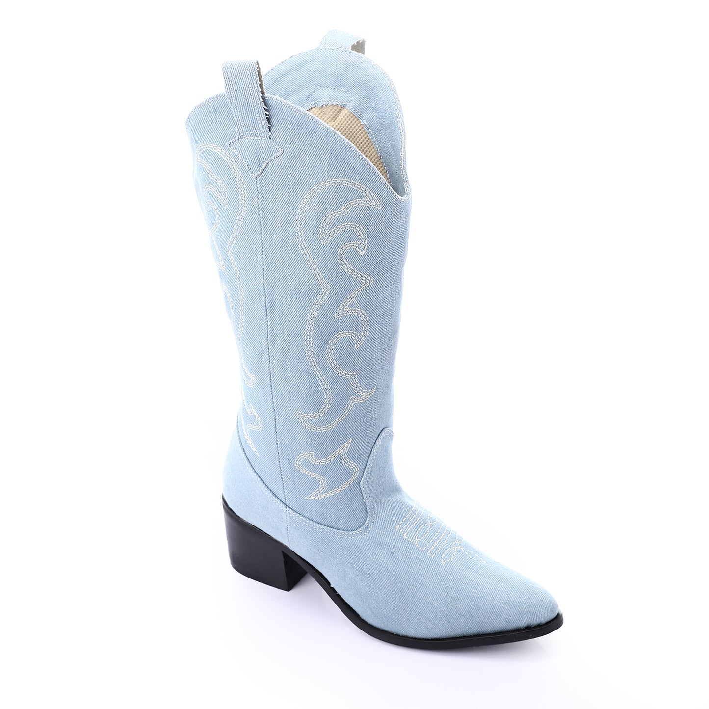 Embroidered Denim Pointed Cowboy Boots