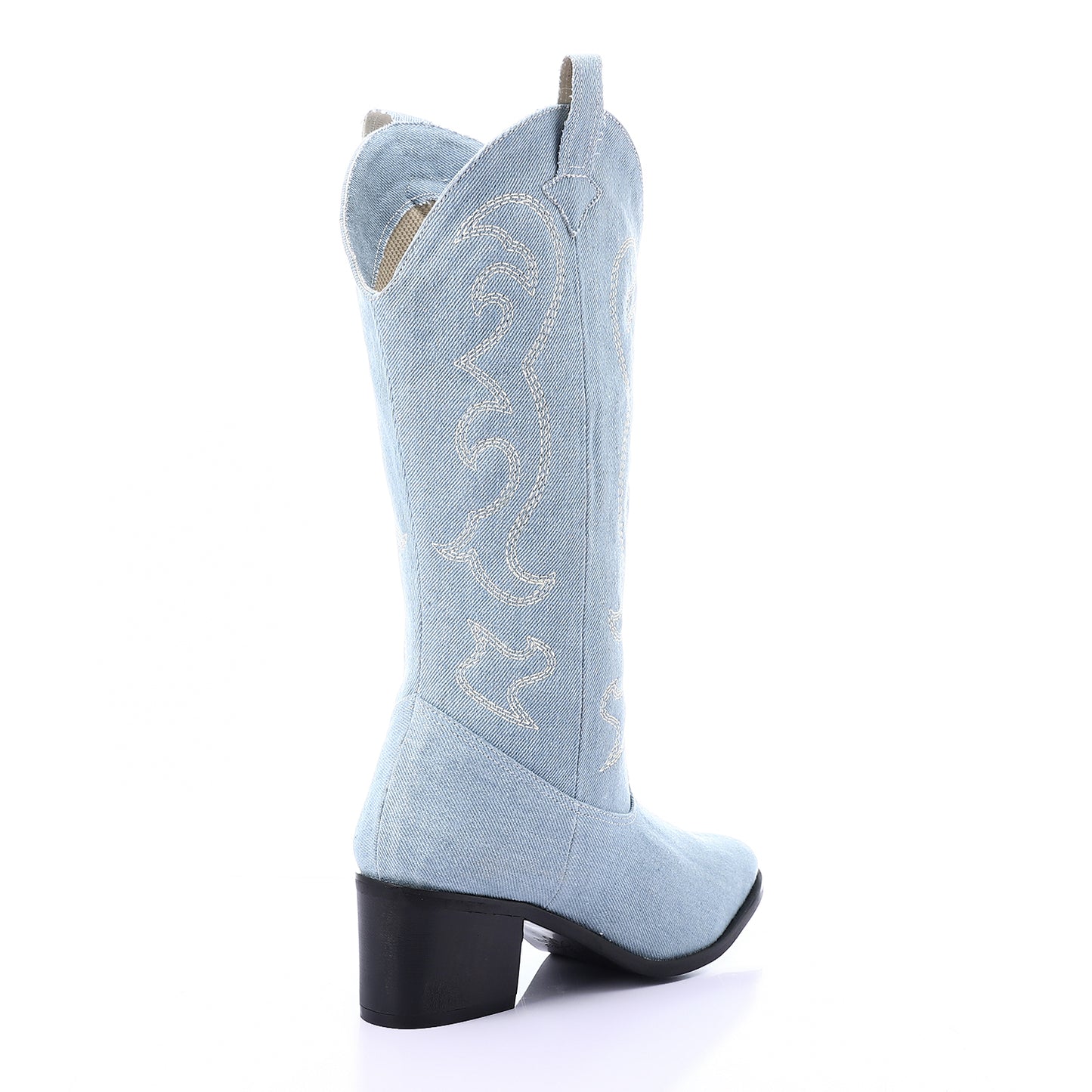 Embroidered Denim Pointed Cowboy Boots