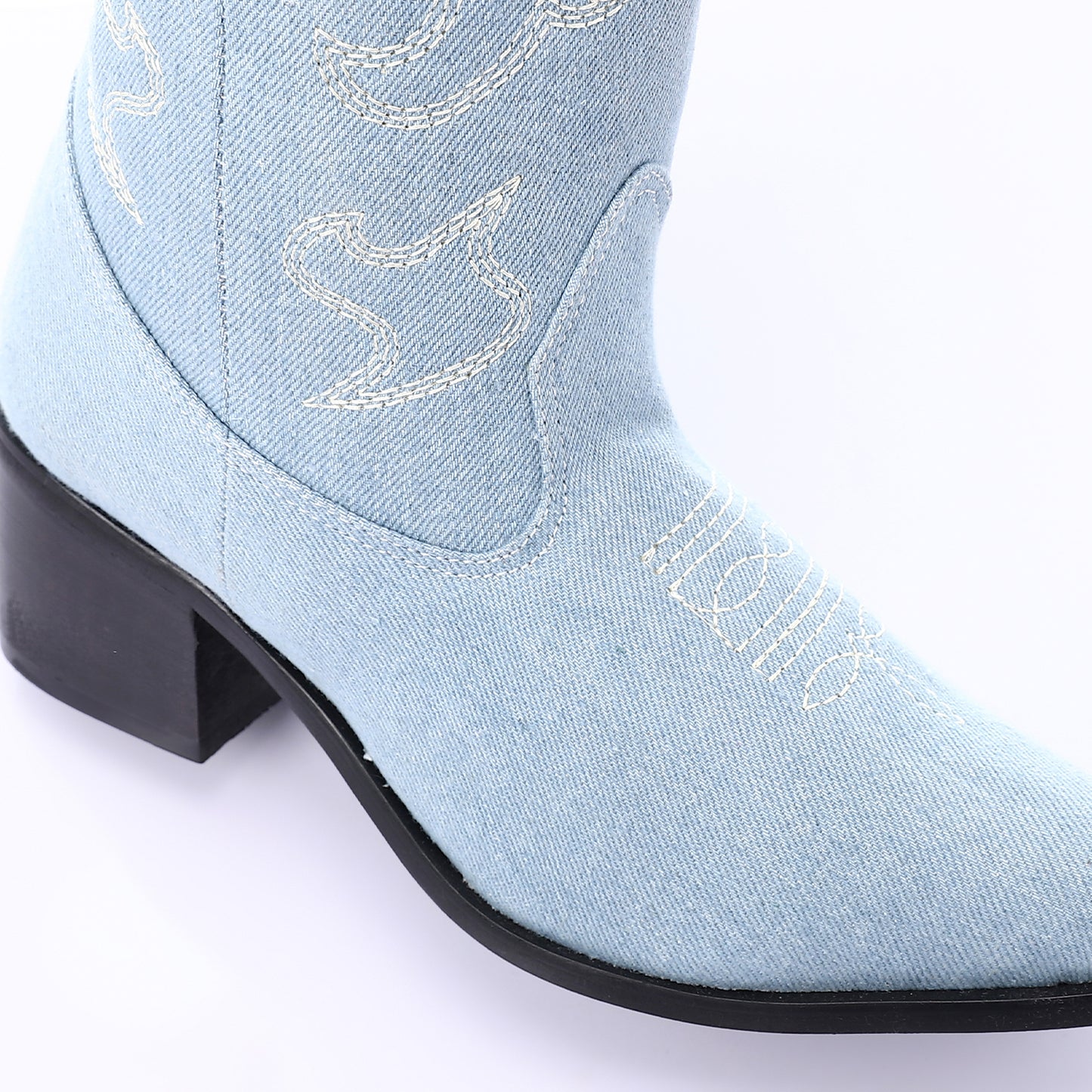 Embroidered Denim Pointed Cowboy Boots