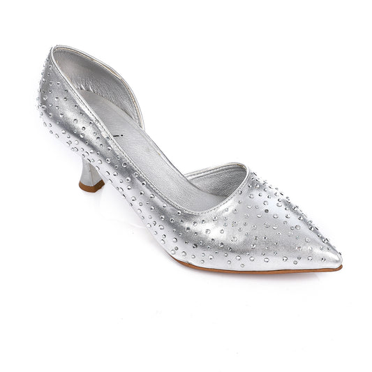 Strassed Allover Pointed Toecap Silver Pumps