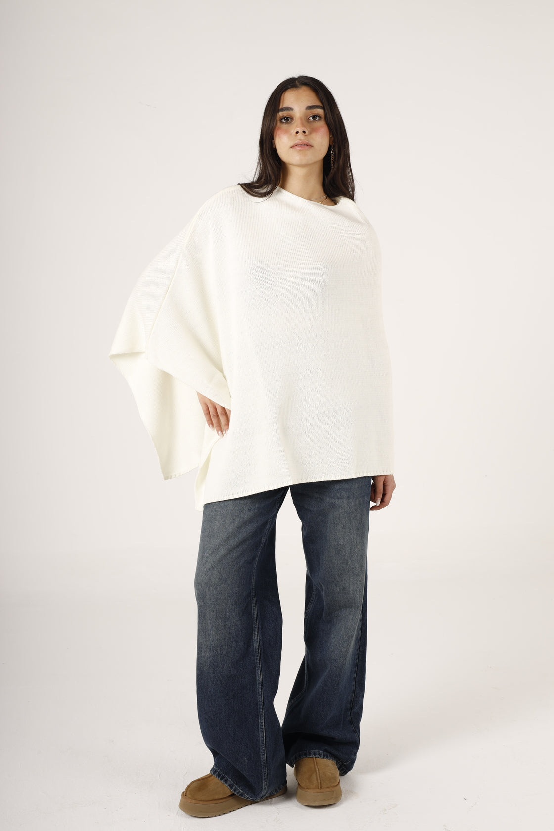 Crew Neck Asymmetrical Wool Poncho