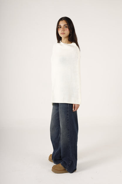 Crew Neck Asymmetrical Wool Poncho