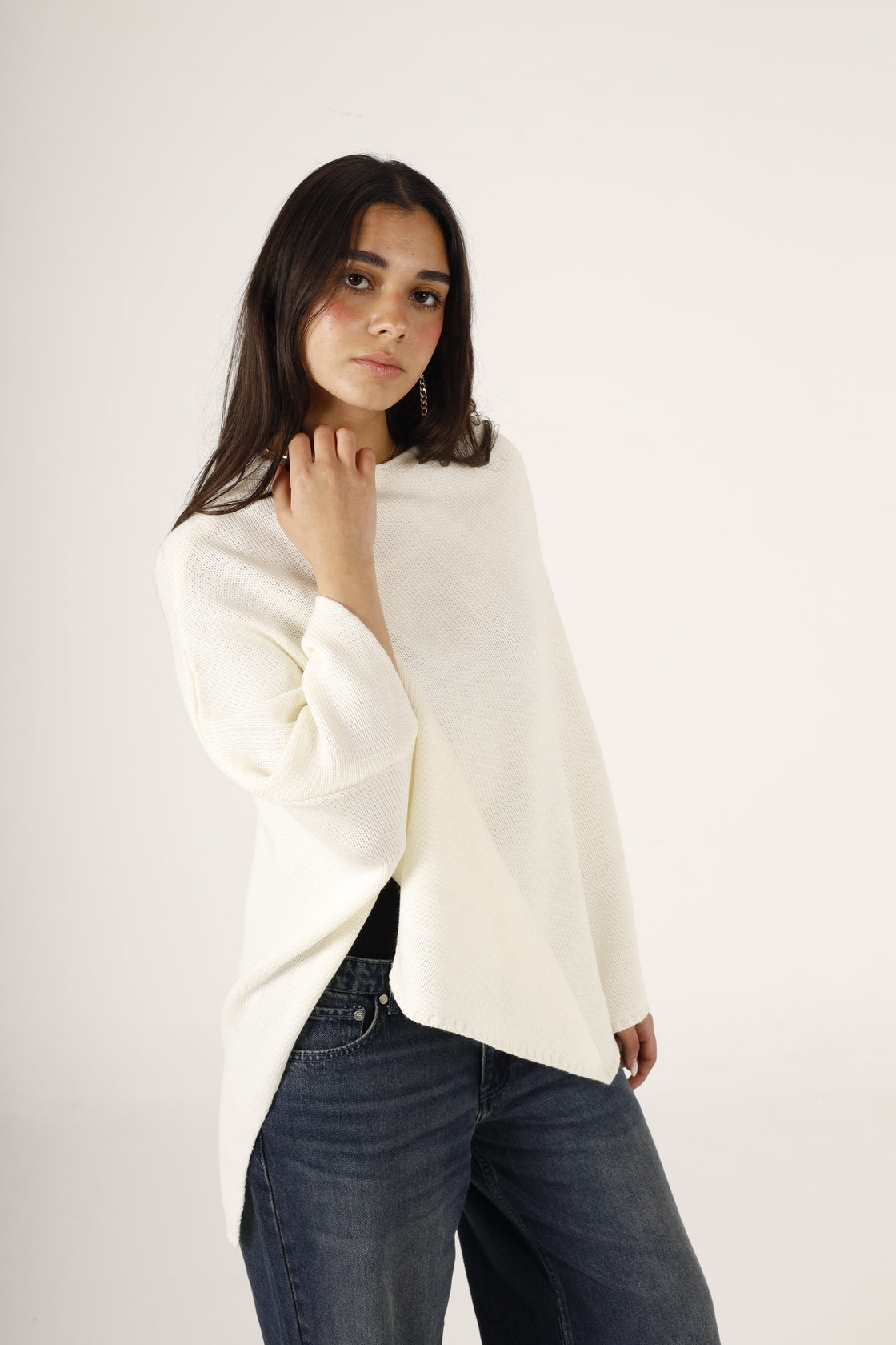 Crew Neck Asymmetrical Wool Poncho