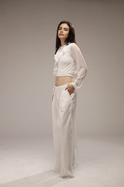 Chiffon Ruffled Neck Sheer Wrap Blouse - White
