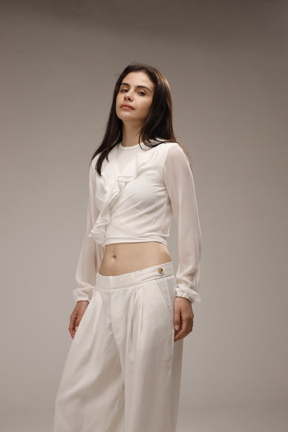 Chiffon Ruffled Neck Sheer Wrap Blouse - White