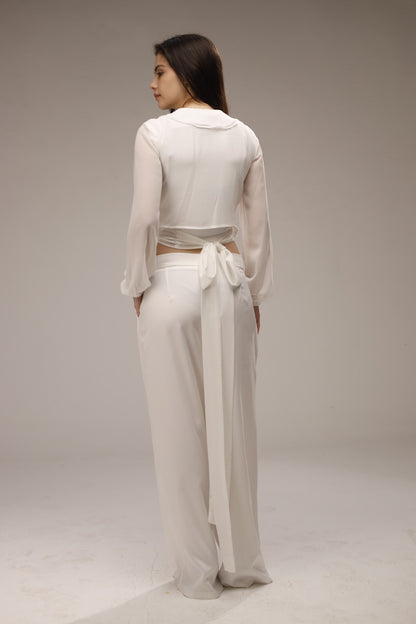 Chiffon Ruffled Neck Sheer Wrap Blouse - White