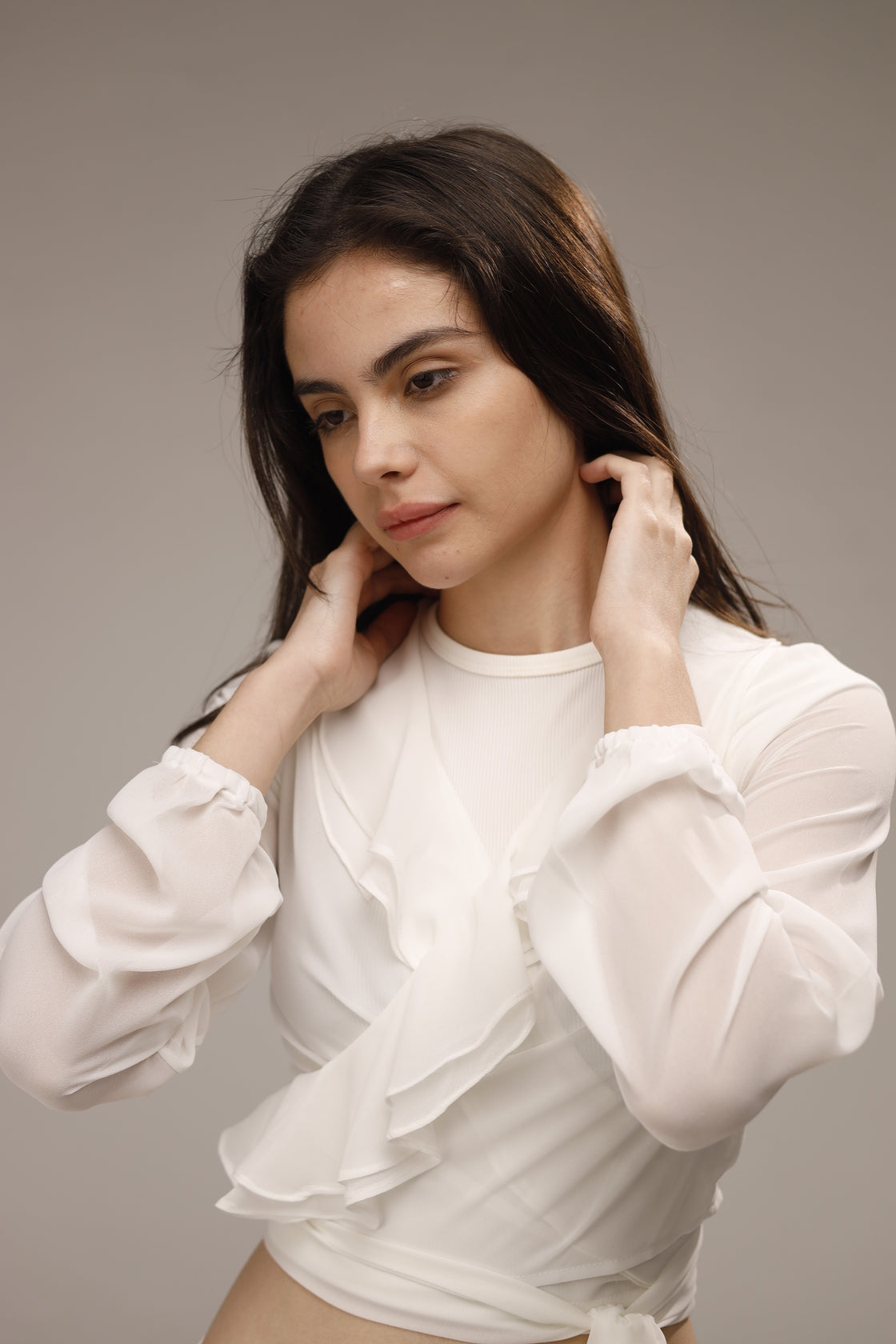 Chiffon Ruffled Neck Sheer Wrap Blouse - White