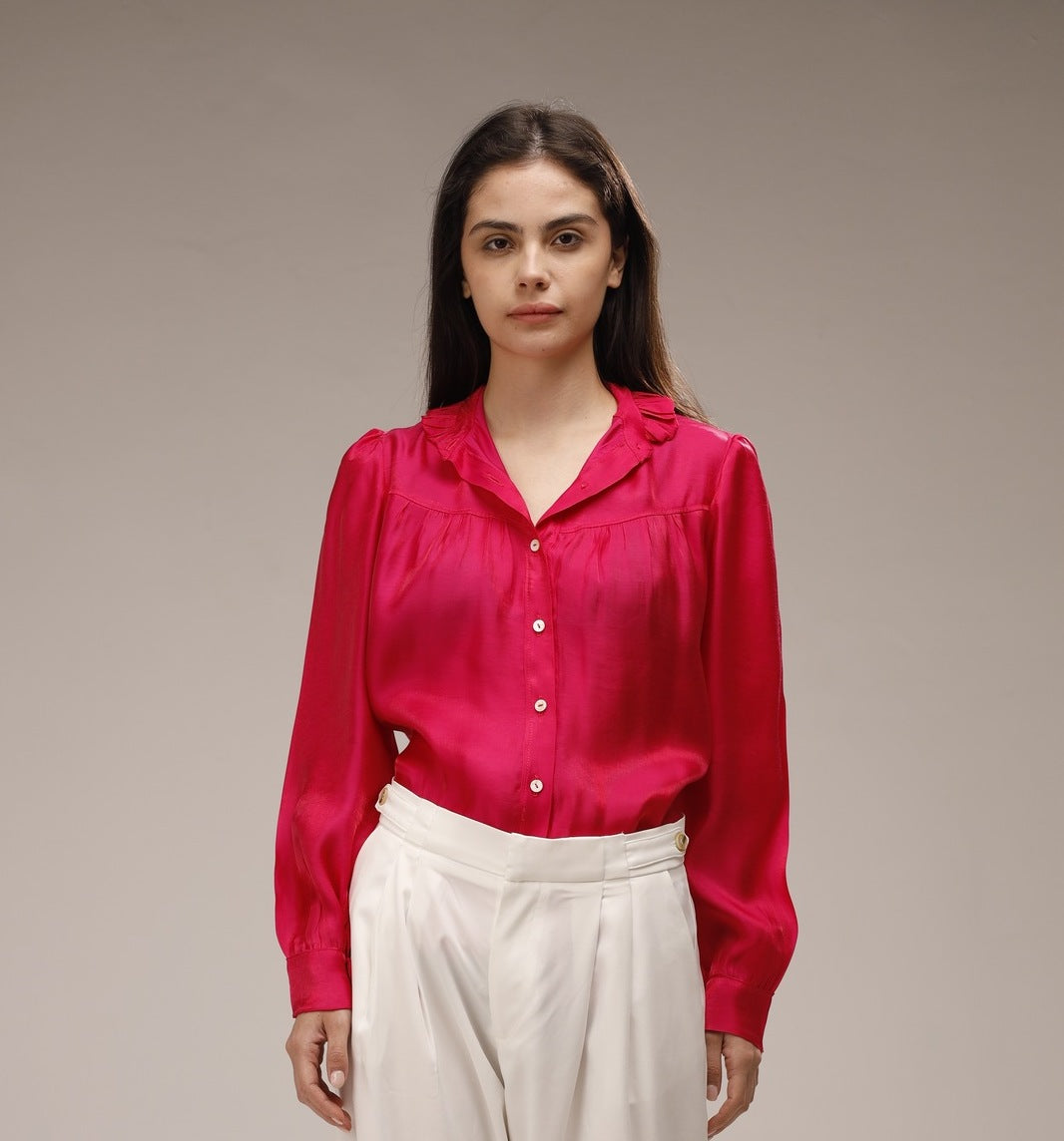 Synthetic Long-Sleeved Button-Down Shirt - Fuchsia