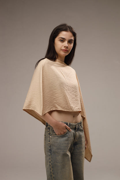 Linen Asymmetric Cropped Poncho - Beige