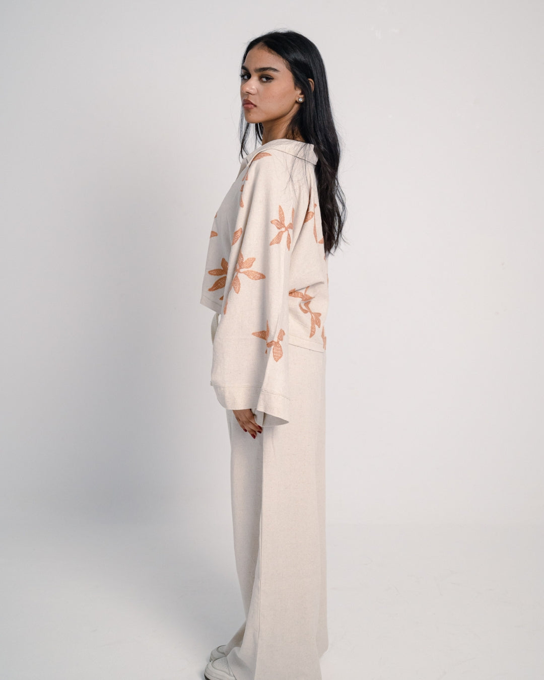 Linen Oversized Embroidered Two-Piece Set – Beige