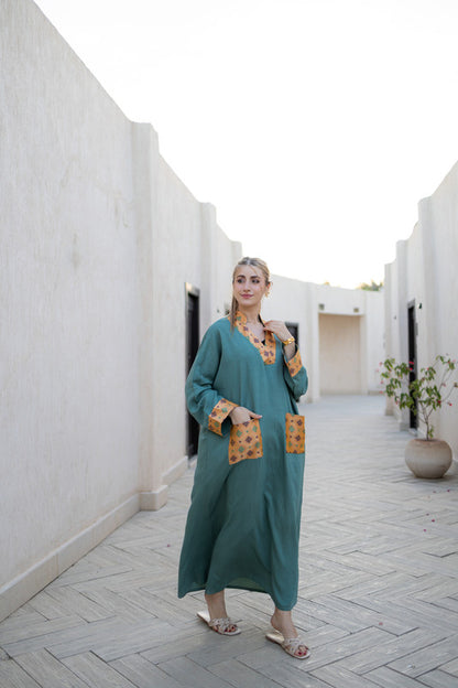 Linen Printed Patch Dress – Dark Mint
