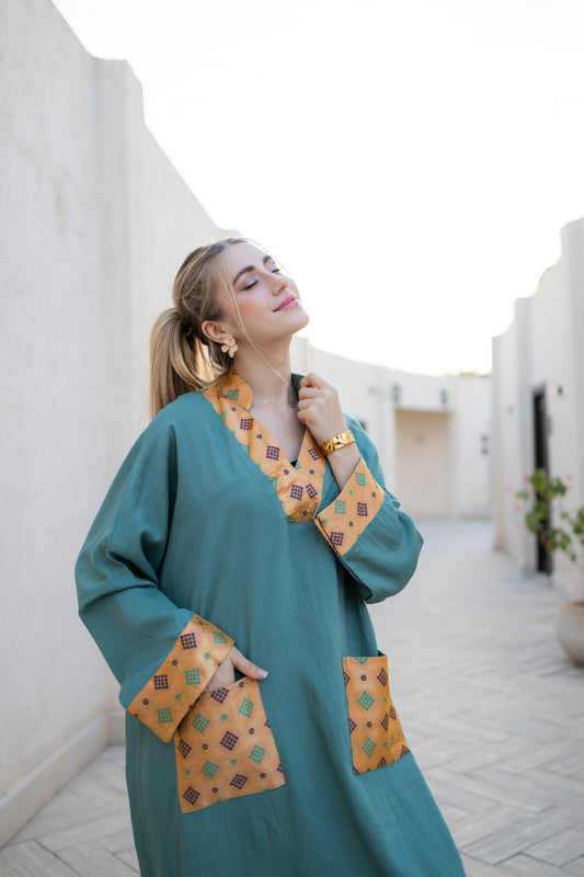 Linen Printed Patch Dress – Dark Mint