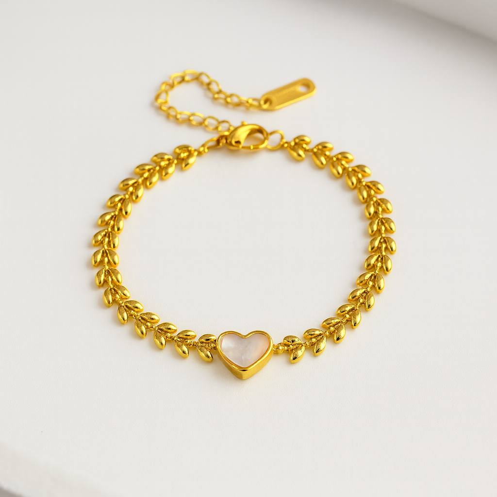 Stainless Steel Leaf Chain Bracelet with Shell Heart Charm – Gold
