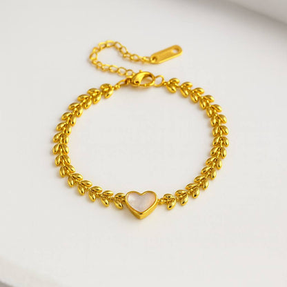 Stainless Steel Leaf Chain Bracelet with Shell Heart Charm – Gold