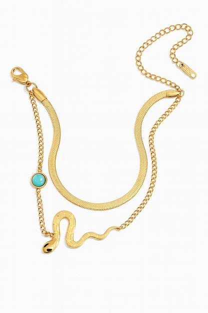 Stainless Steel Snake Design Bracelet with Turquoise Bead – Gold
