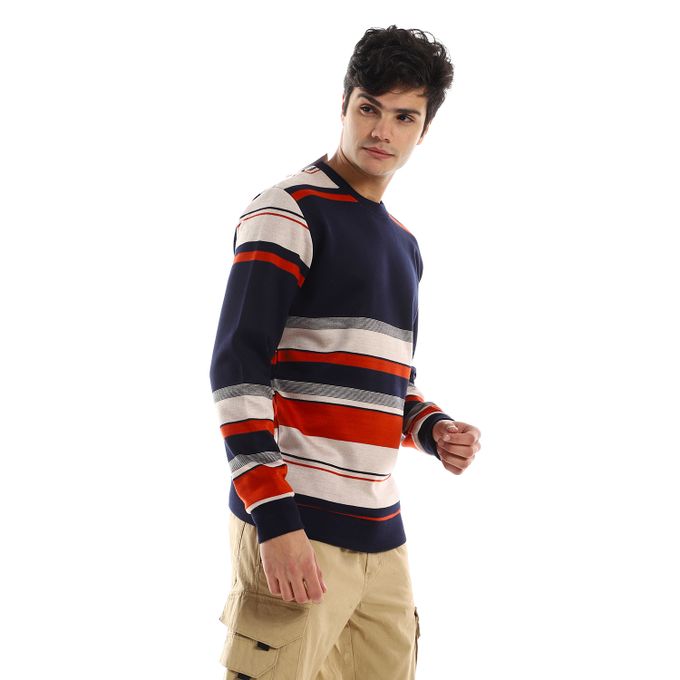 Striped Round Neck Fleece Sweatshirt