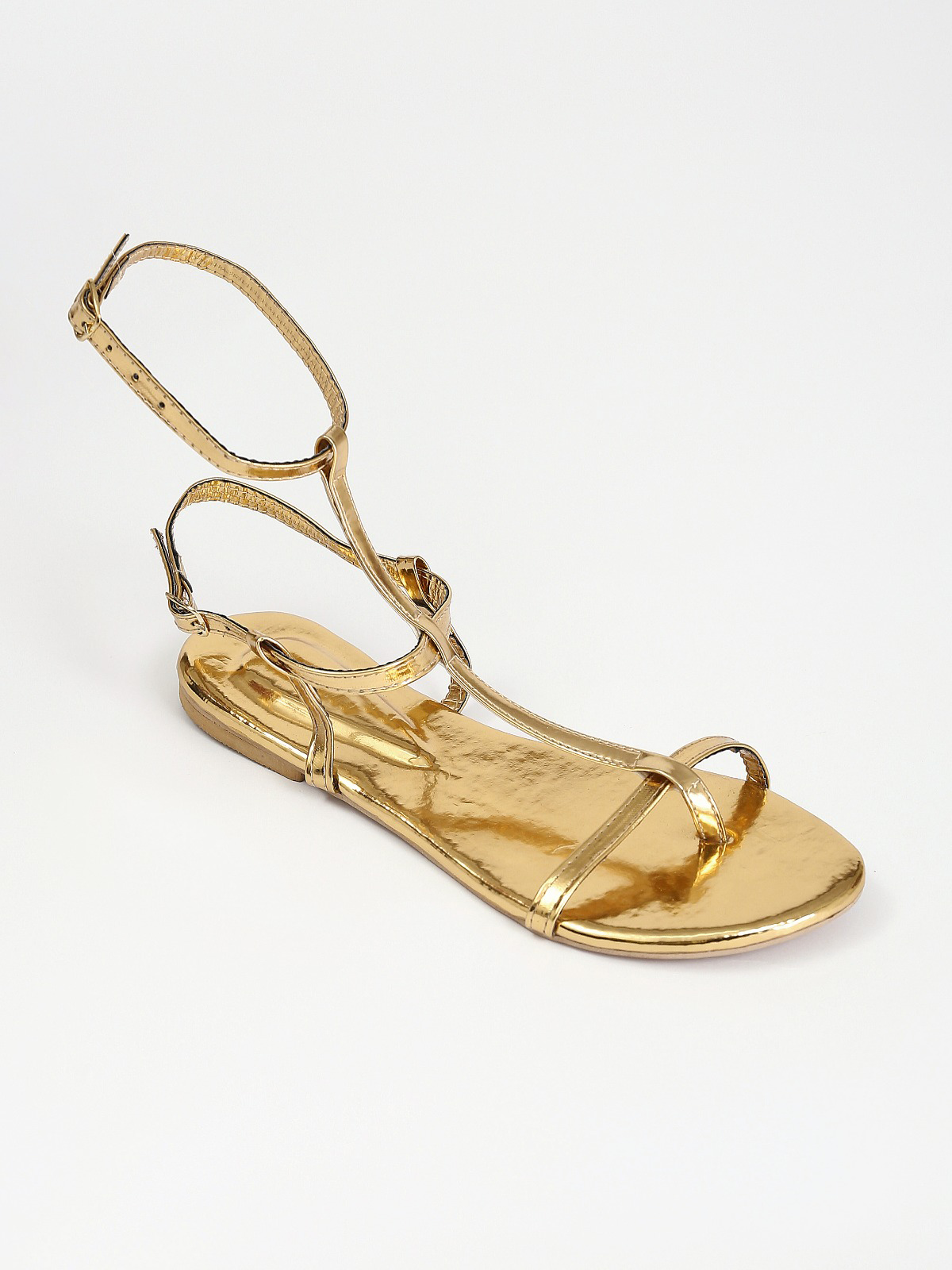 Leather Double Buckle Flat Sandals - Gold