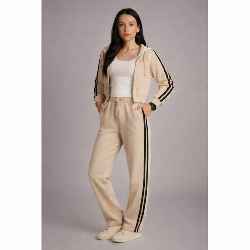 Striped Zip-Up Hoodie Tracksuit – Beige