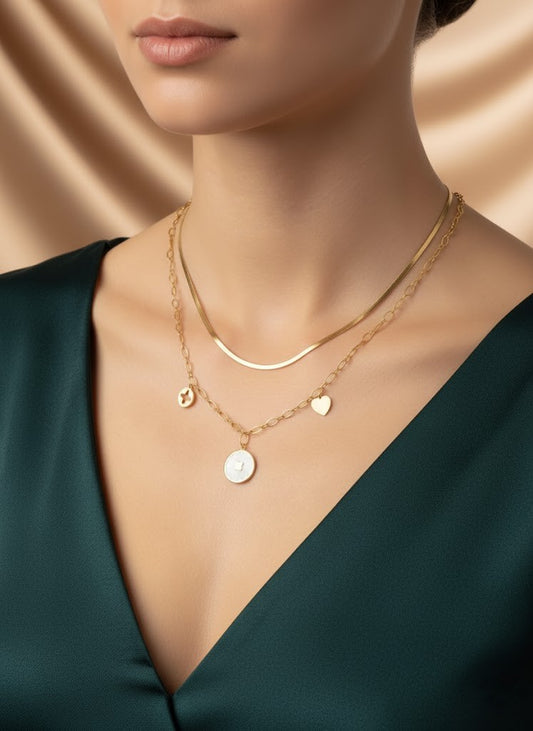 Stainless Steel Layered Snake & Charm Pendant Necklace – Gold