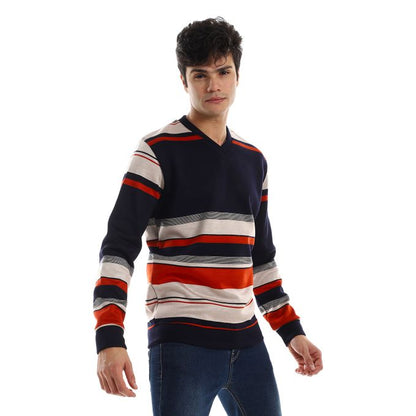 triped V-Neck Fleeced Pullover