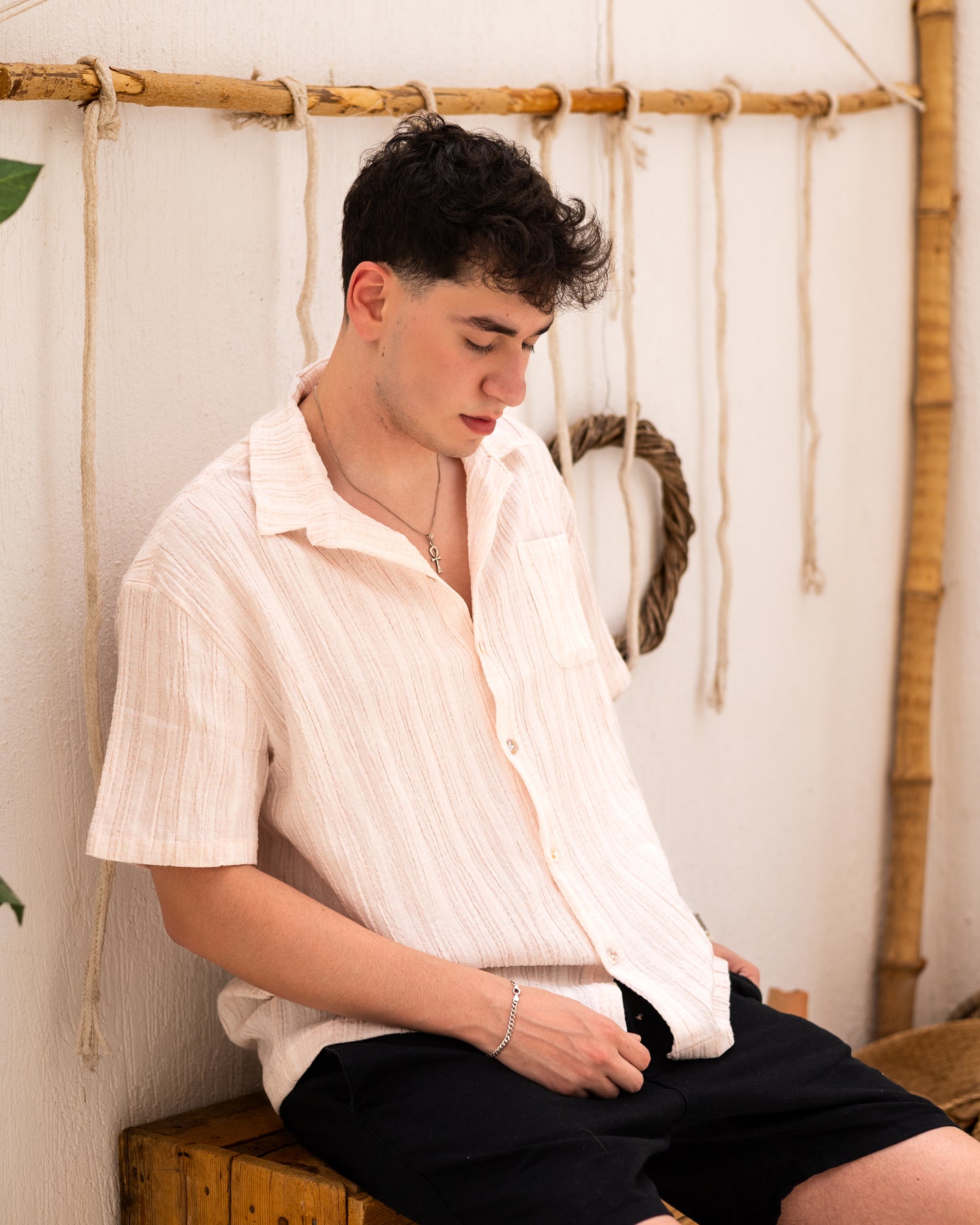 Linen Textured Short Sleeve Shirt - Orange