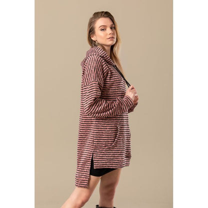 High-Low Striped Fleece Knitted Hoodie