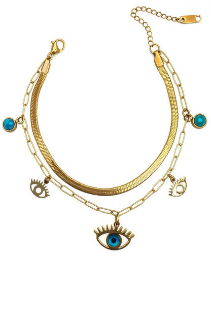 Stainless Steel Layered Evil Eye Charm Bracelet – Gold