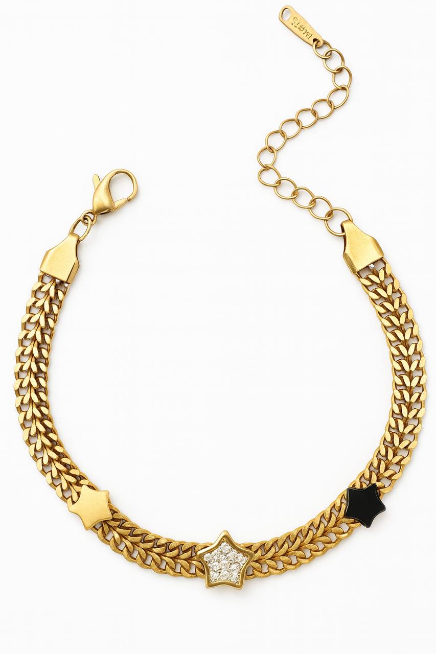 Stainless Steel Double Chain Star Charm Bracelet – Gold