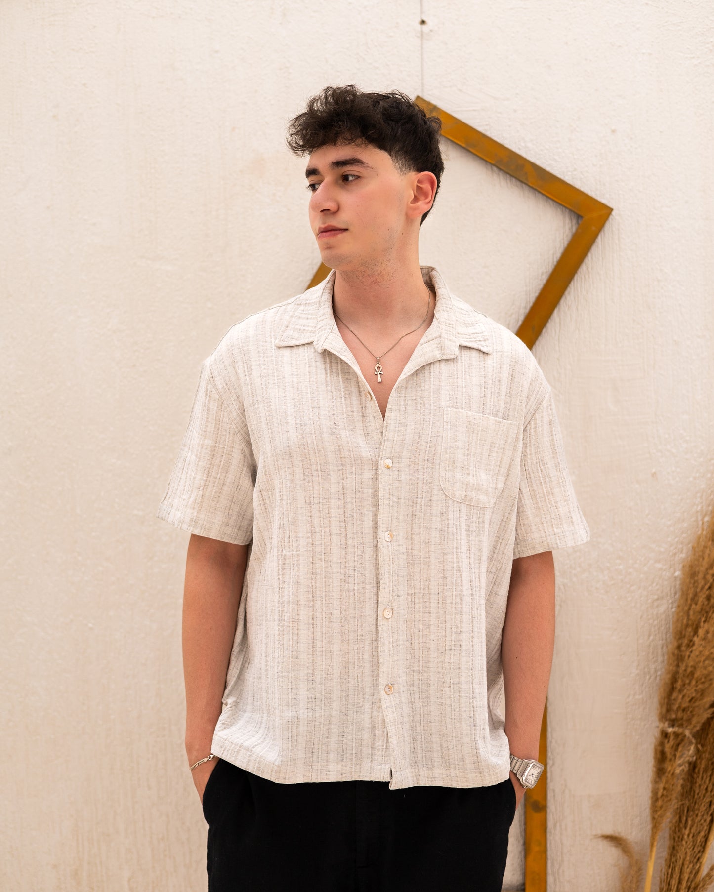 Linen Textured Short Sleeve Shirt - Beige