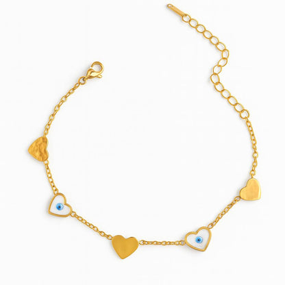 Stainless Steel Hearts & Blue Evil Eye Bracelet – Gold