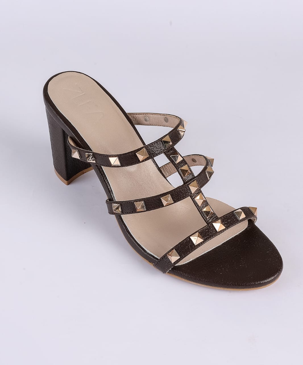 Faux Leather Studded Block Heel Sandals - Brown