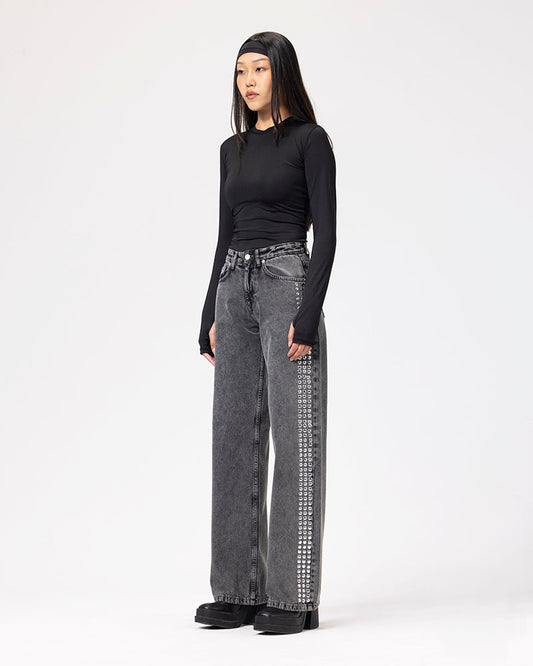 Denim The Side- Studs Pants - Grey