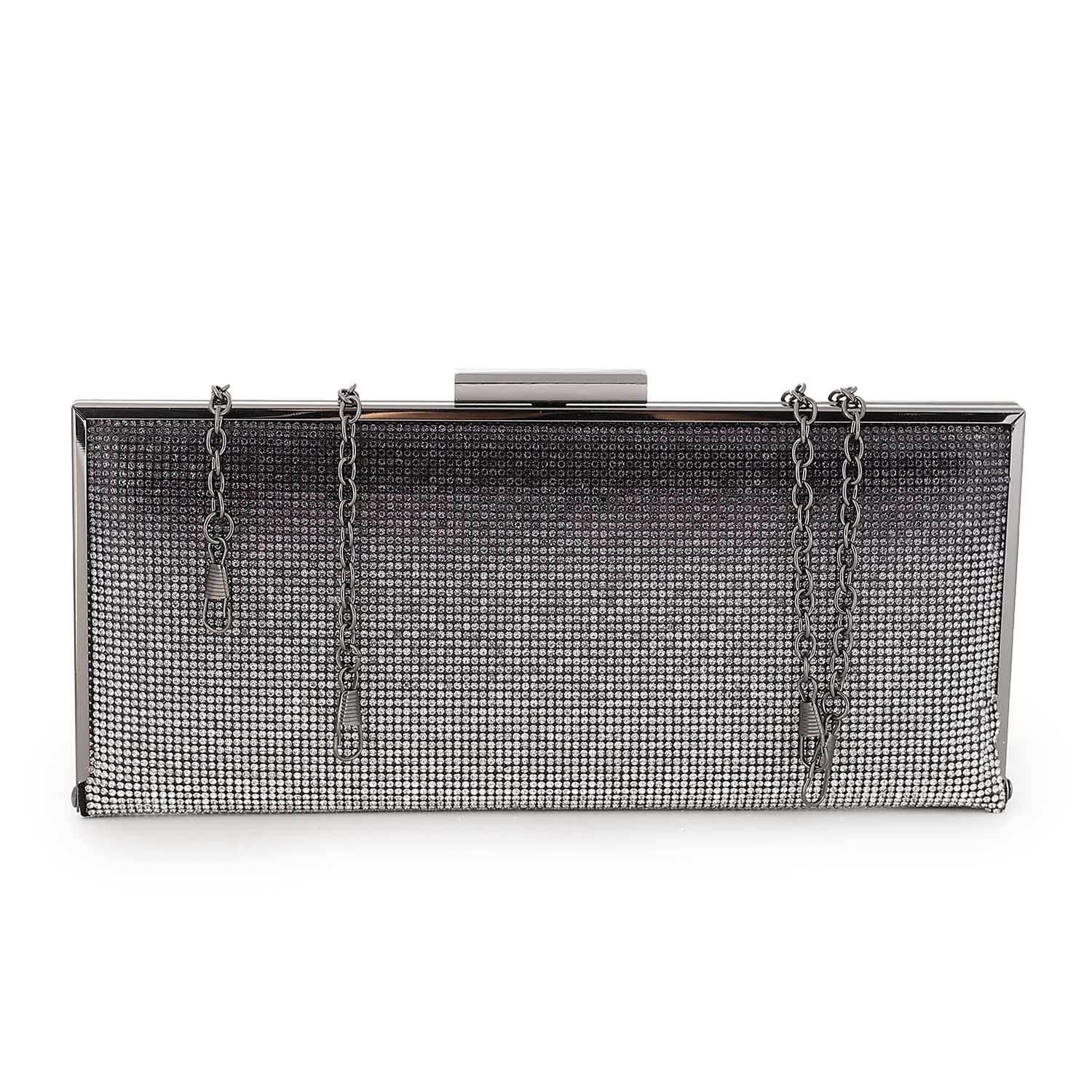 Rhinestone Hardcase Clutch with Chain Straps - Black