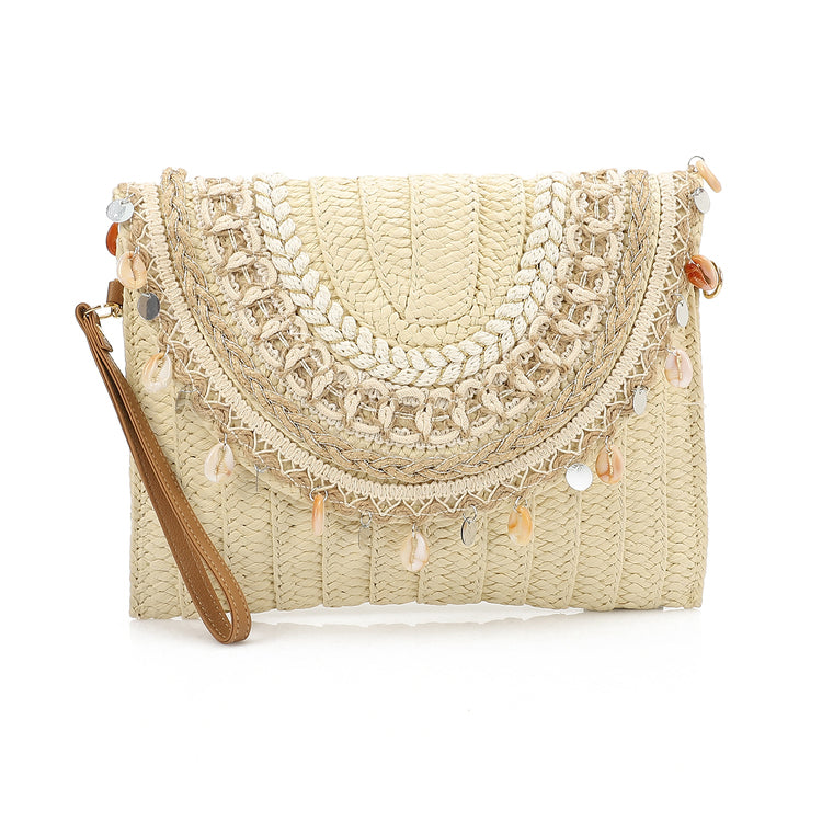 Straw Clutch Seashell Bag - Beige