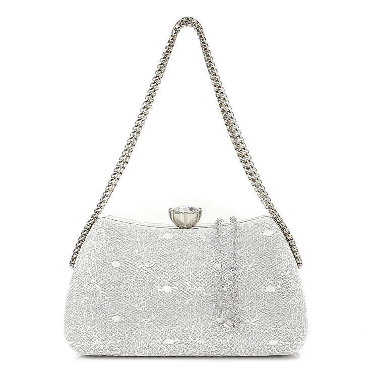 Synthetic Clutch Bag with Chain Strap - Silver