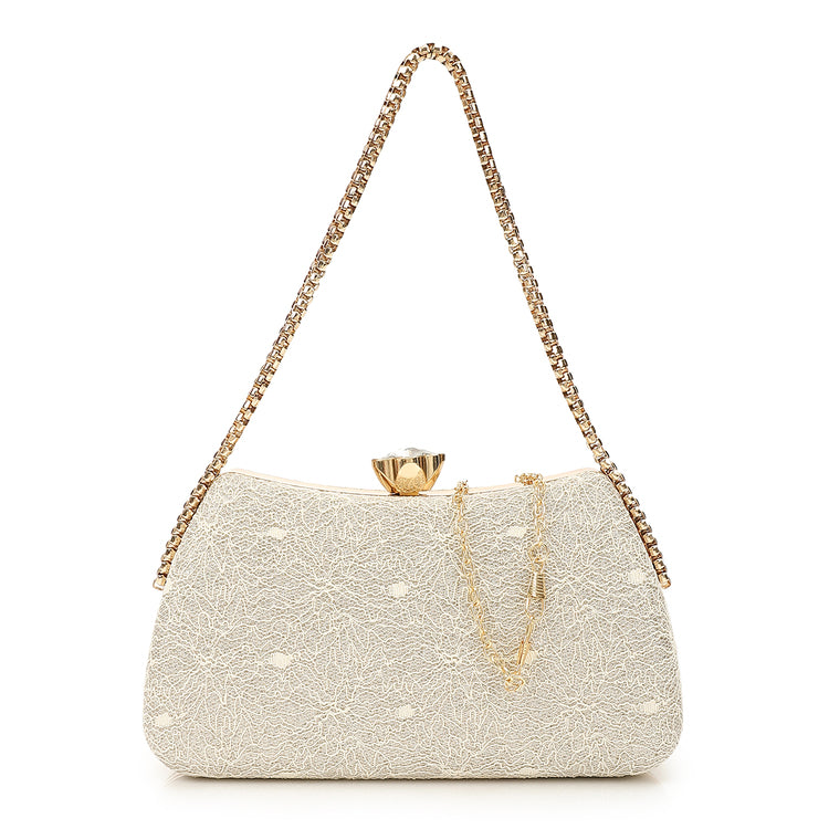 Synthetic Clutch Bag with Chain Strap - Off White & Gold