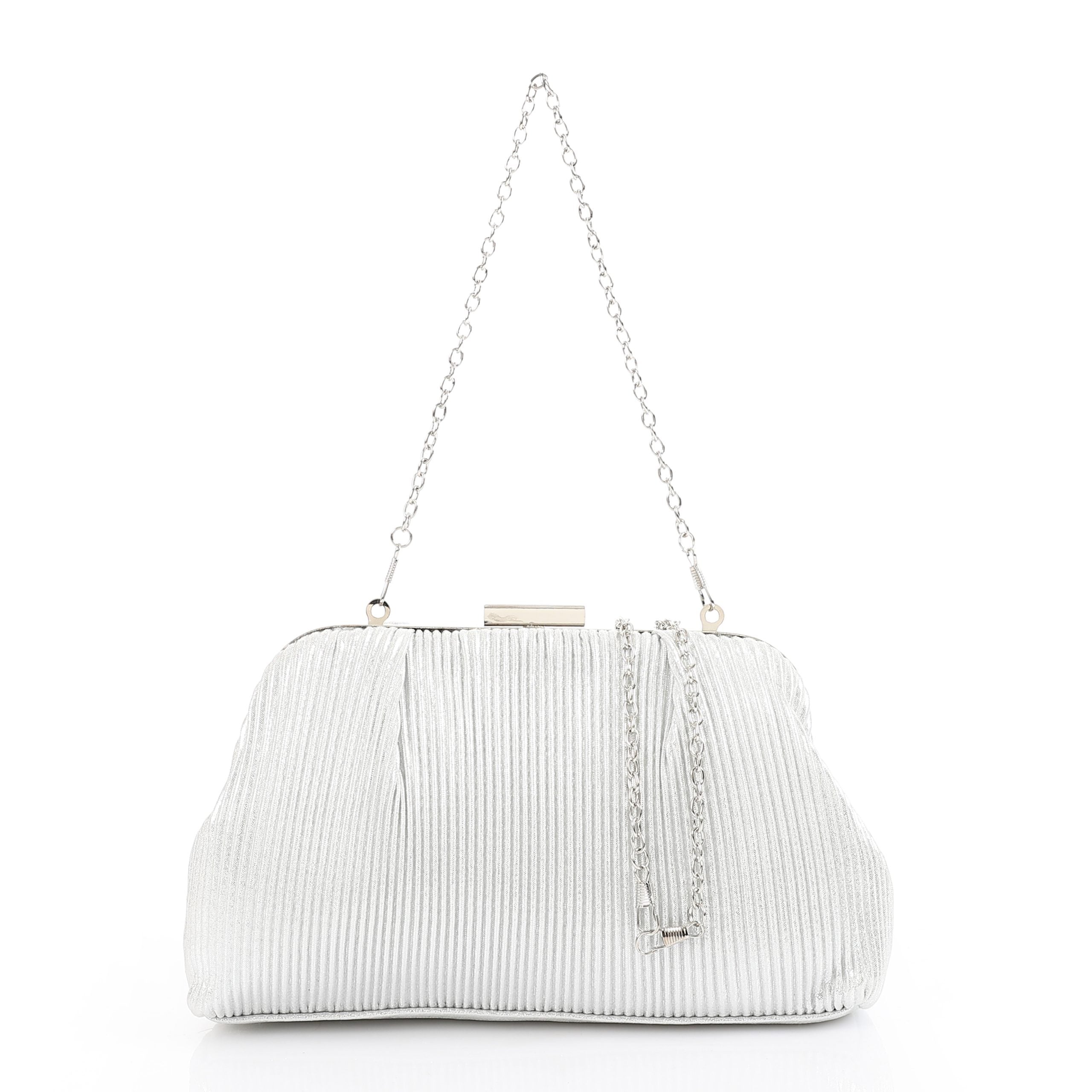 Satin Pleated Pattern Evening Bag – Silver