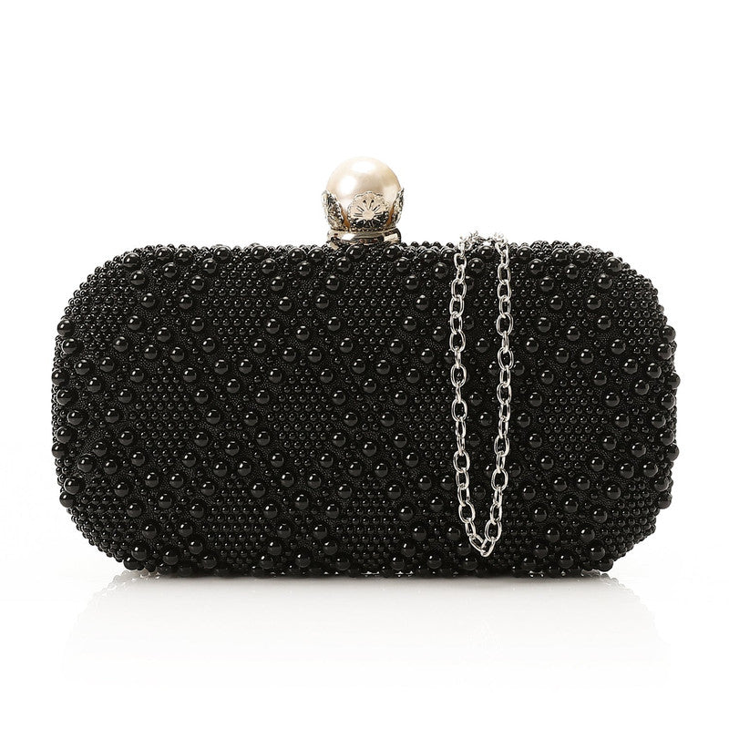 Beaded Pearl Clasp Box Clutch – Black