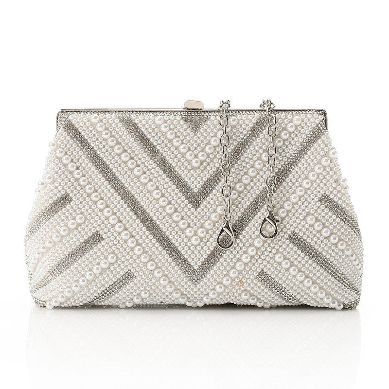 V-Shaped Pearl Embellished Box Clutch – Silver