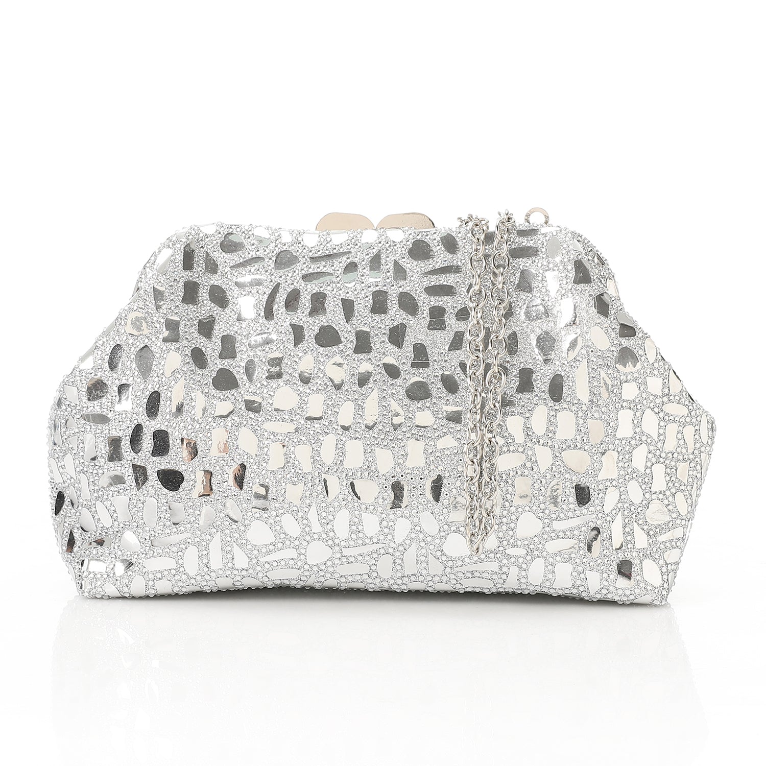 Synthetic Mosaic Mirror Evening Clutch – Silver (4178)
