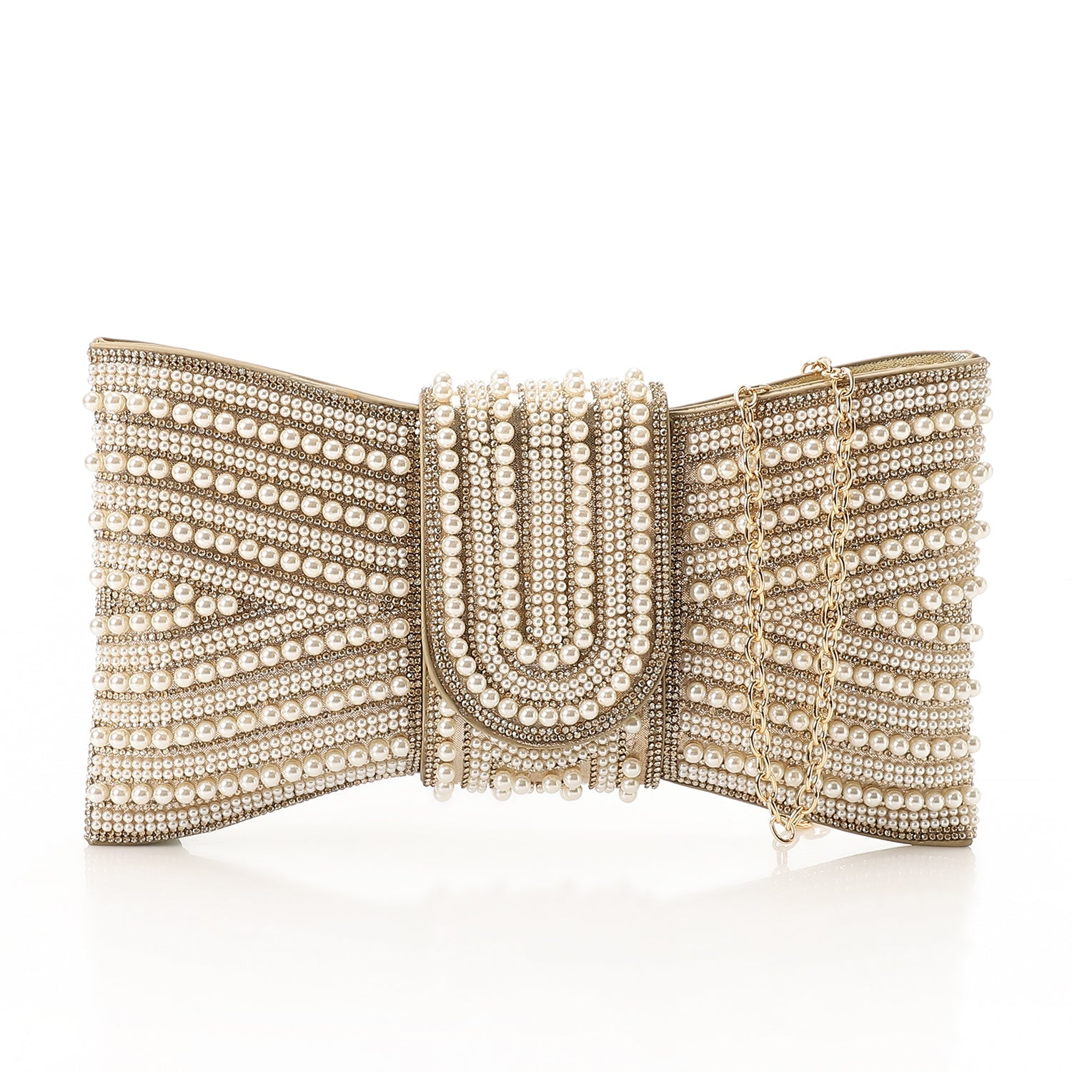 Synthetic Pearl Bow Evening Clutch – Gold (4180)