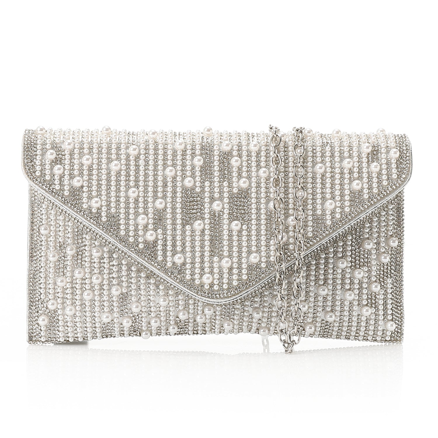 Rhinestone Embellished Envelope Evening Clutch – Silver (4183)