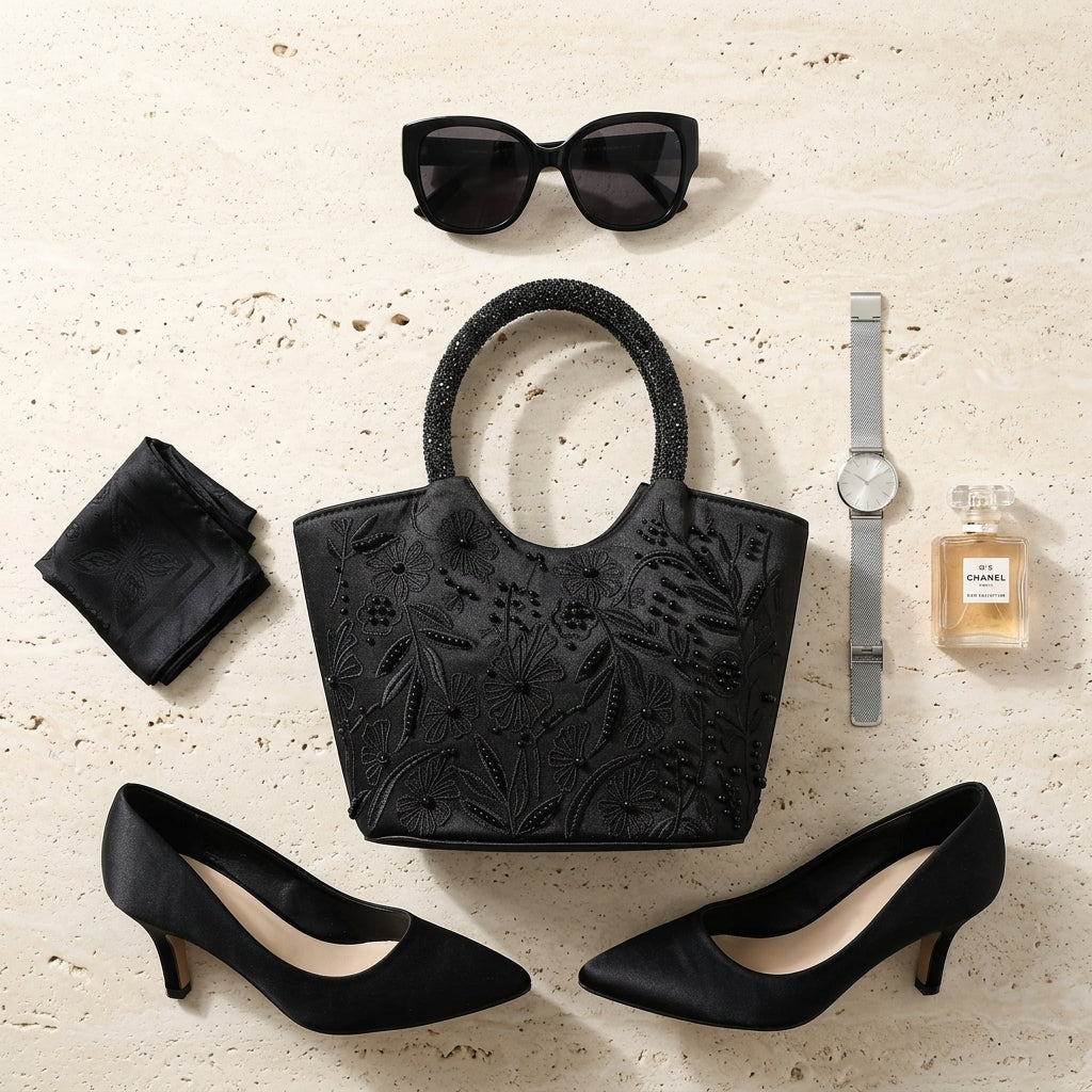 Embroidered Rhinestone-Handle Evening Handbag – Black